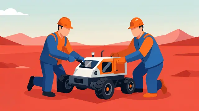 Two faceless engineers in hard hats kneel to test a small rover on a red desert test field