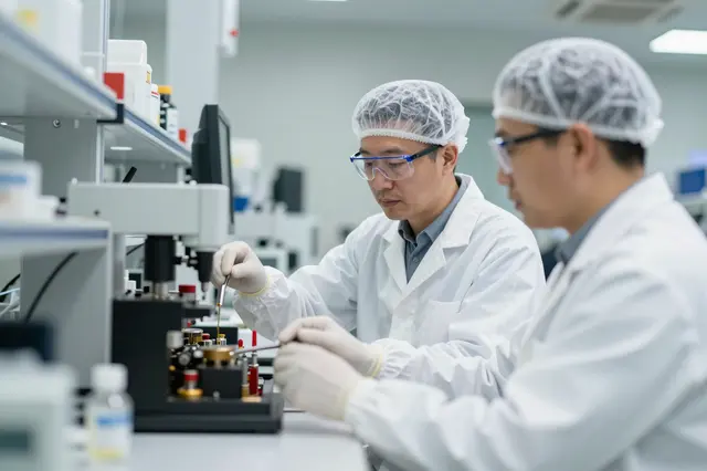 Two male technicians in lab coats, hair nets and goggles operate laboratory equipment at a cleanroom workbench