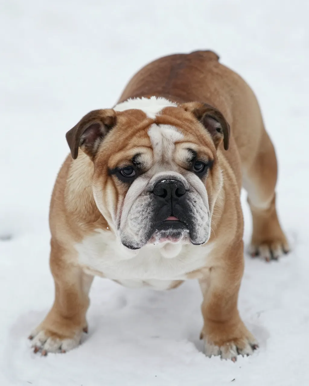Fawn and white English bulldog stands on fresh snow with a light dusting on its nose.