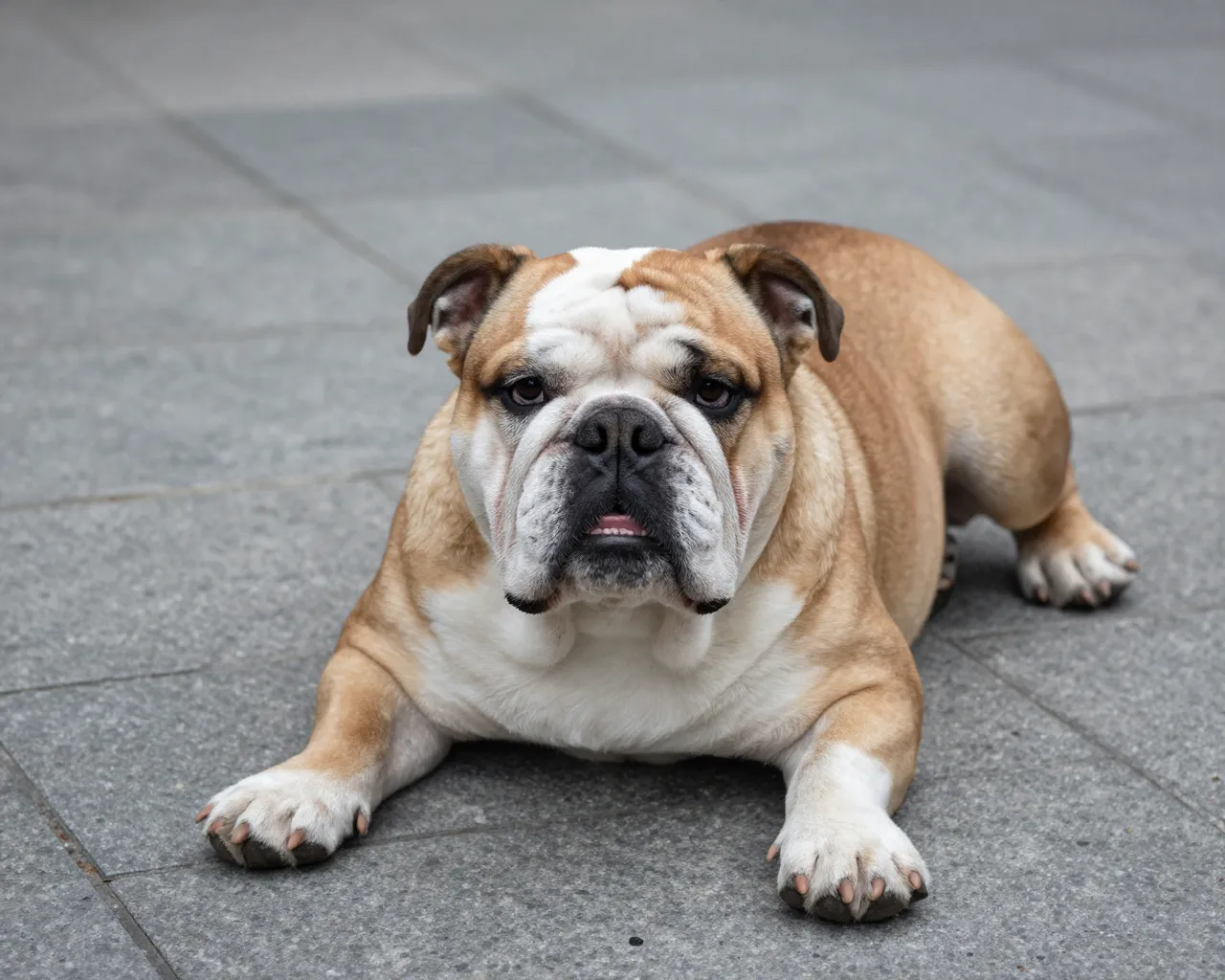 A fawn and white english bulldog rests on a paved gray stone floor looking at the camera.