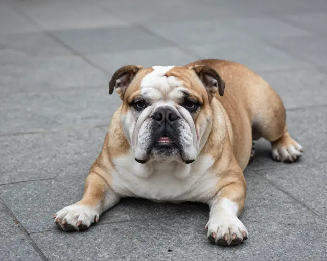 A fawn and white english bulldog rests on a paved gray stone floor looking at the camera.
