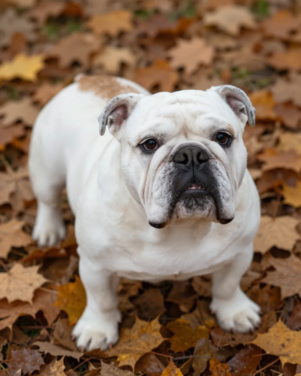 A white English bulldog stands looking up from a bed of fallen autumn maple leaves.