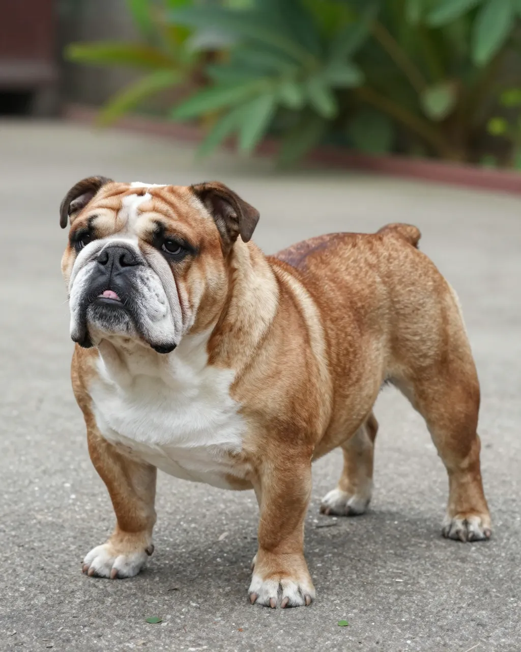 A stocky red brindle and white English bulldog stands on a paved garden path