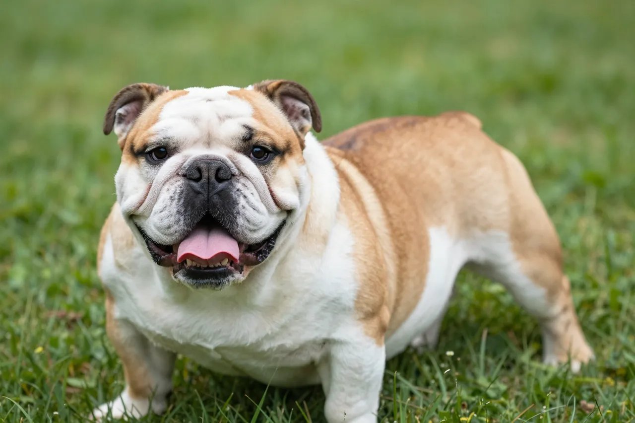 A white and fawn wrinkled English bulldog stands on grass with its tongue out looking at the camera
