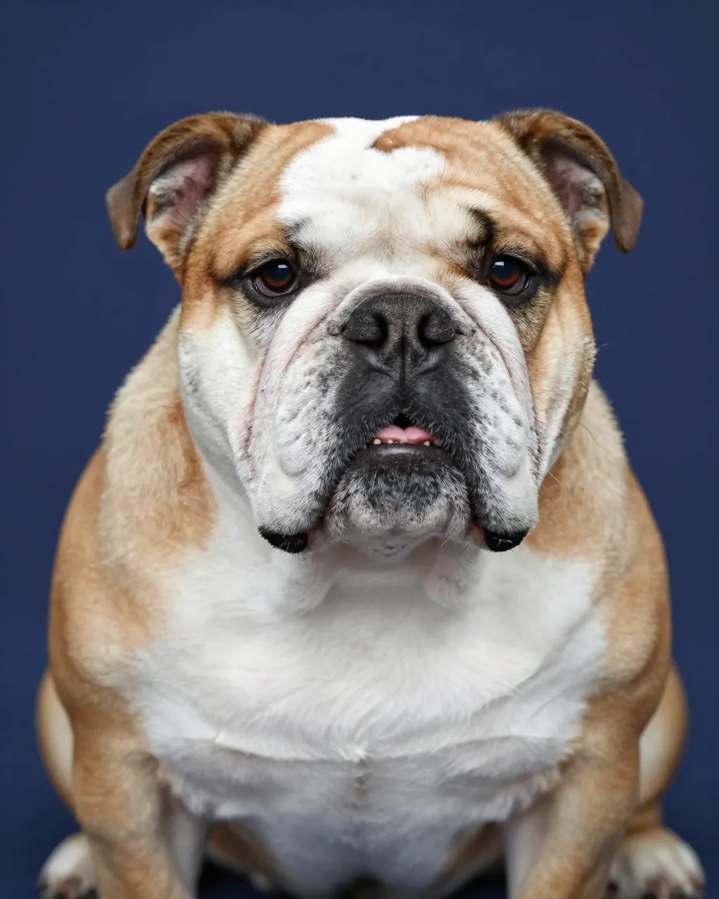 Close-up studio portrait of a white and fawn English bulldog sitting against a solid navy background