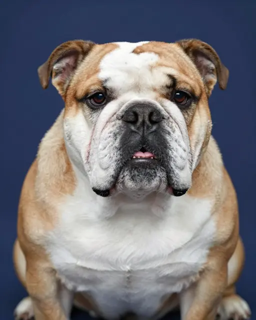 Close-up studio portrait of a white and fawn English bulldog sitting against a solid navy background