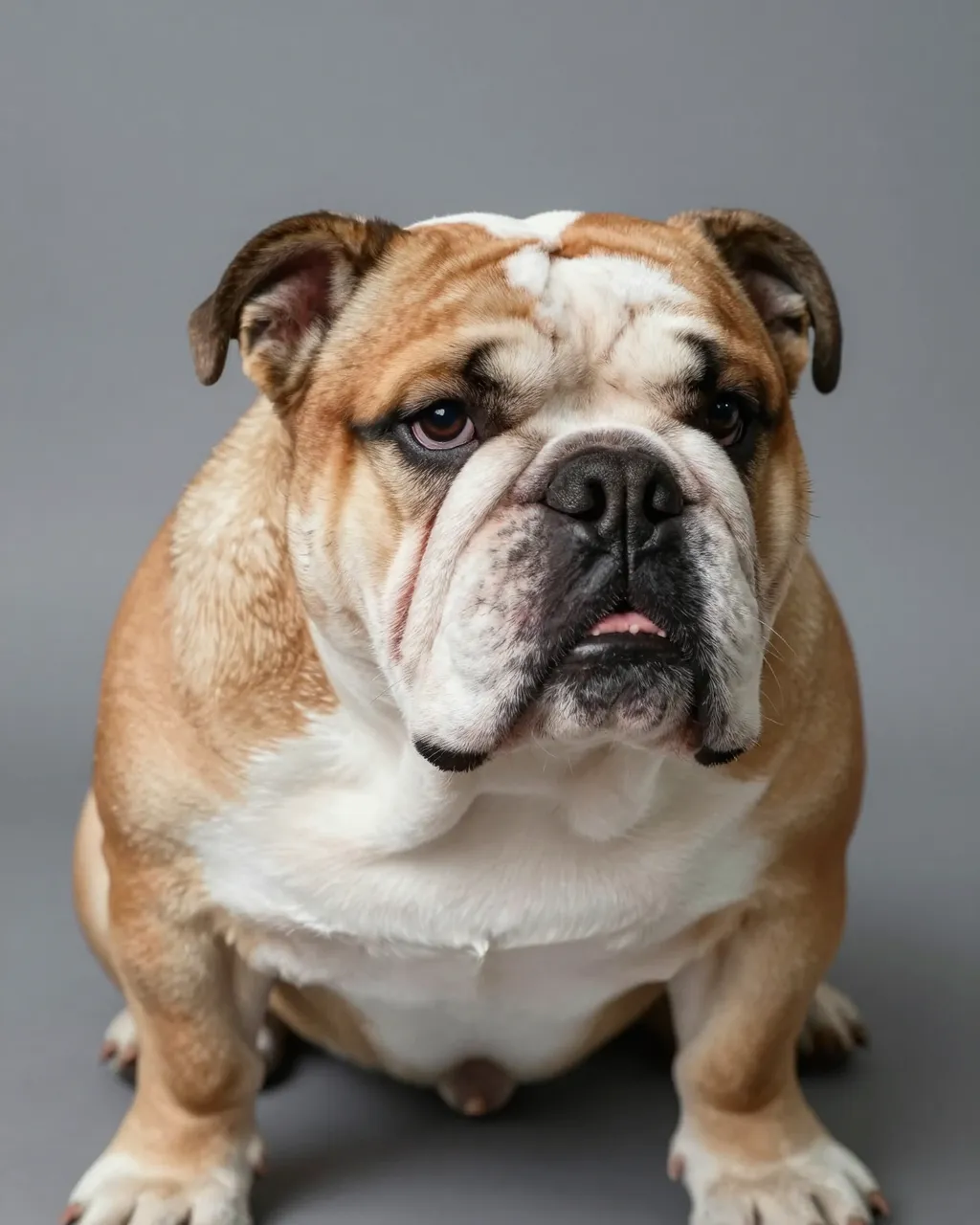 A wrinkled fawn and white english bulldog sits against a plain gray studio backdrop looking at the camera.