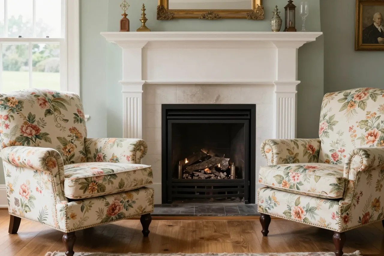 Two floral upholstered armchairs frame a lit traditional fireplace in a bright sage green living room