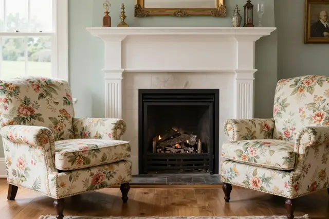 Two floral upholstered armchairs frame a lit traditional fireplace in a bright sage green living room