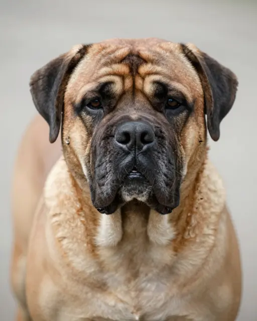 Close-up front portrait of a fawn English mastiff with a dark muzzle facing the camera