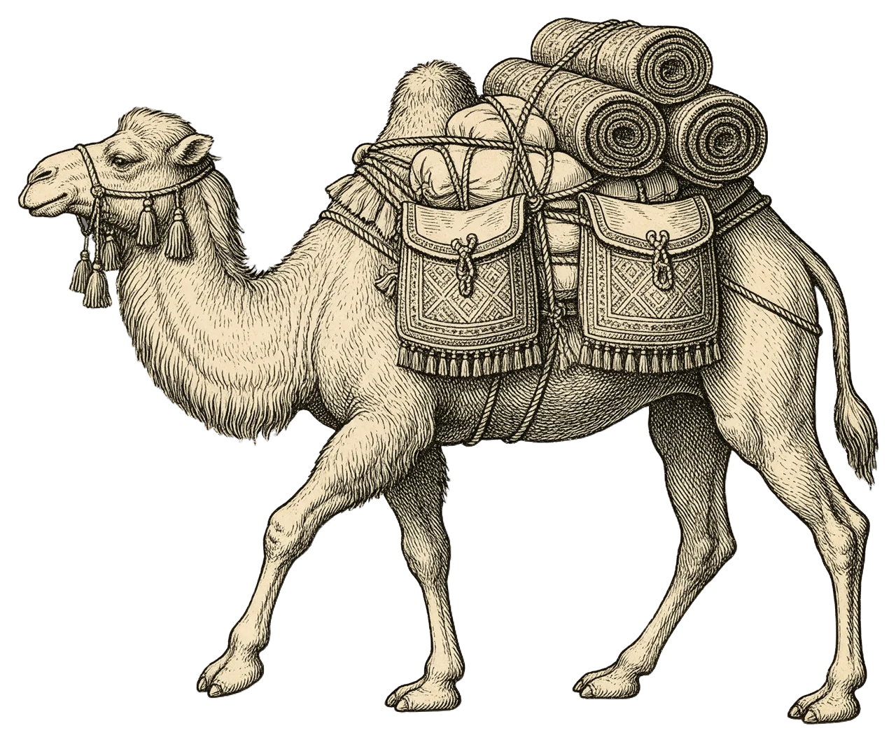 Antique line engraving of a side-view two-humped camel walking left with a packed load.