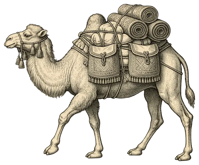 Antique line engraving of a side-view two-humped camel walking left with a packed load.