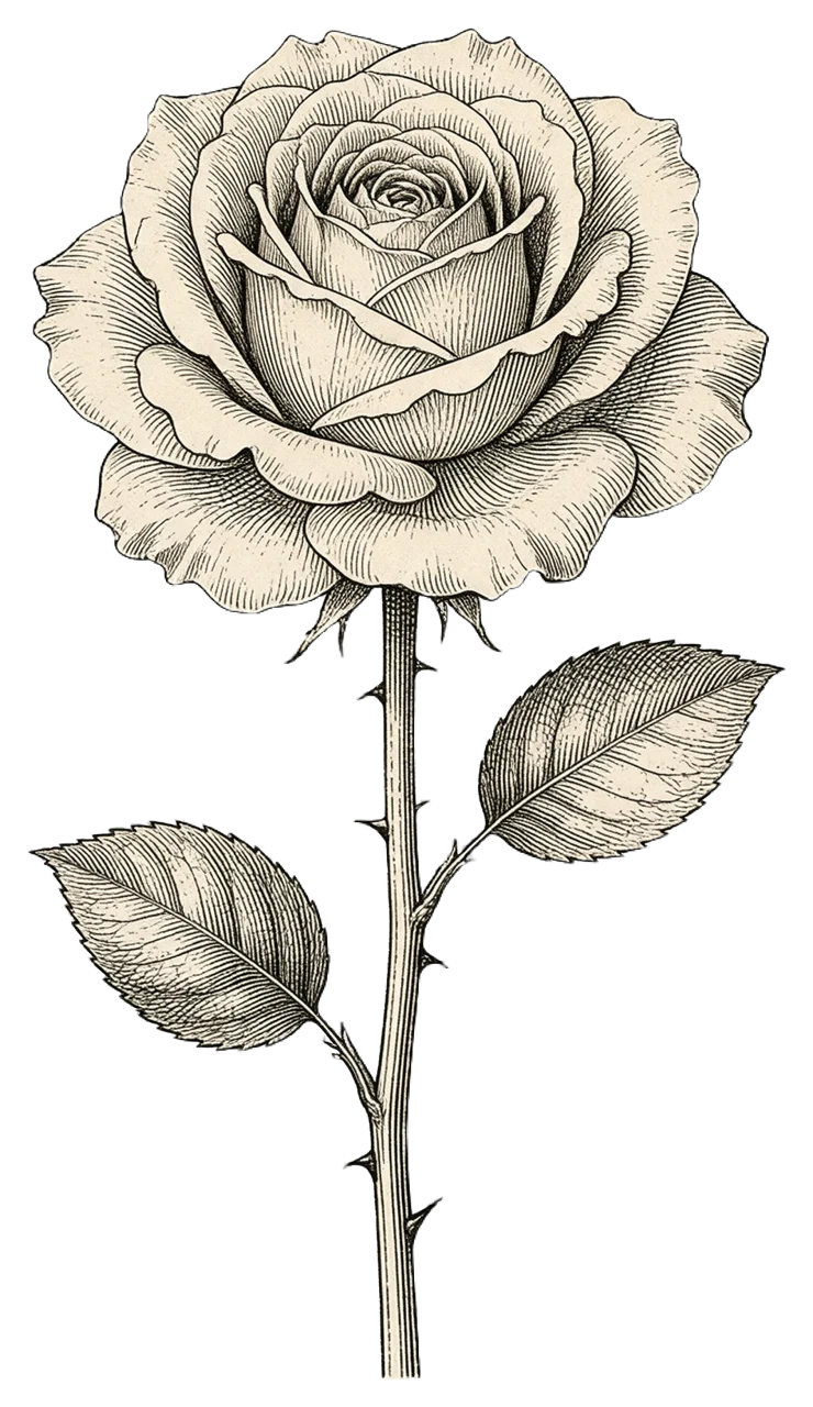 Antique style line engraving of a fully bloomed long-stemmed rose with two leaves and thorns