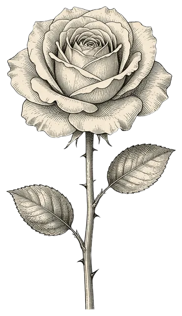Antique style line engraving of a fully bloomed long-stemmed rose with two leaves and thorns