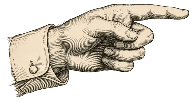 Antique style engraving of a hand with buttoned shirt cuff pointing right with its index finger