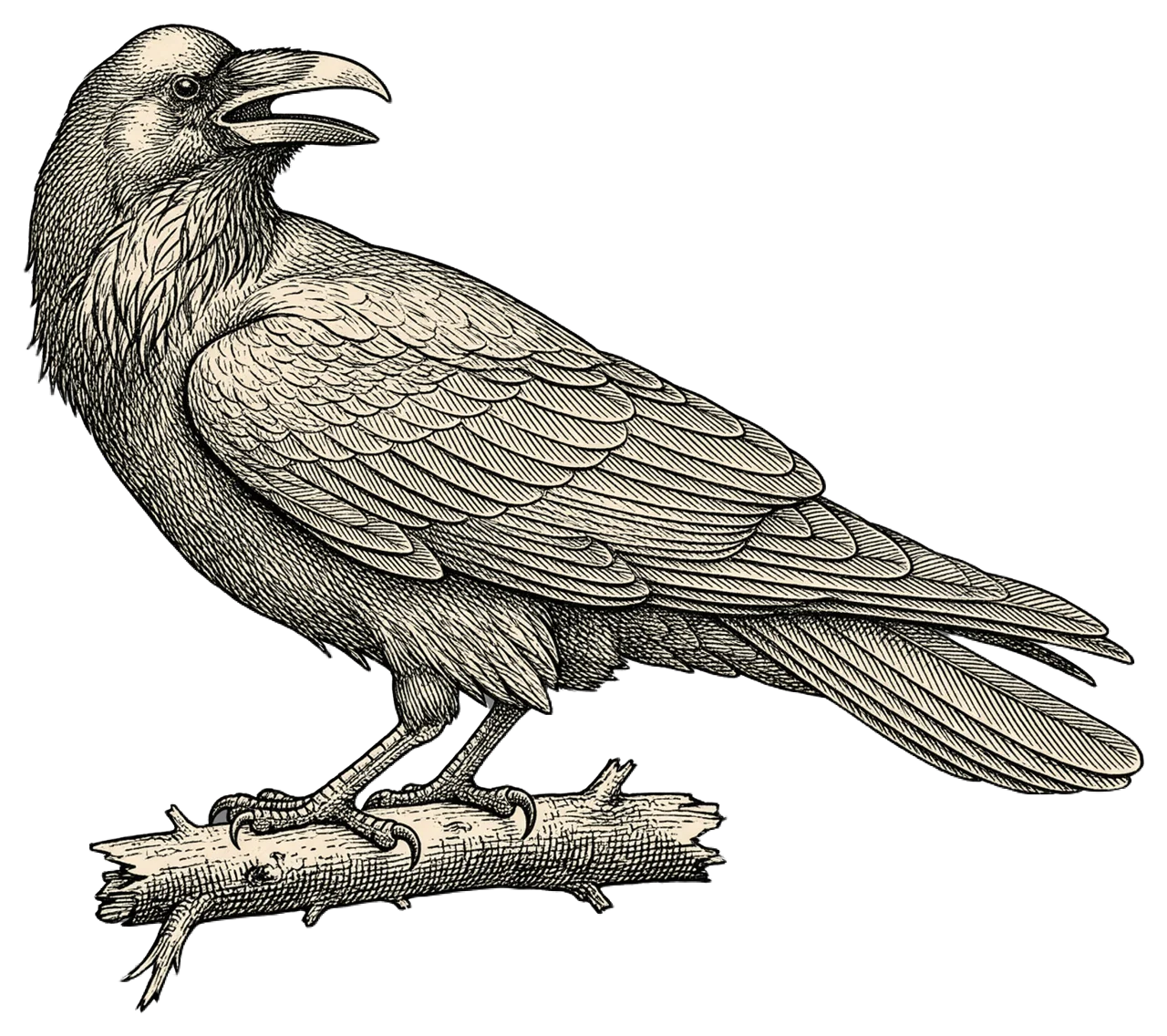 Antique style engraving of a raven perched on a bare branch with slightly open beak