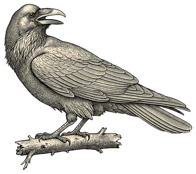 Antique style engraving of a raven perched on a bare branch with slightly open beak