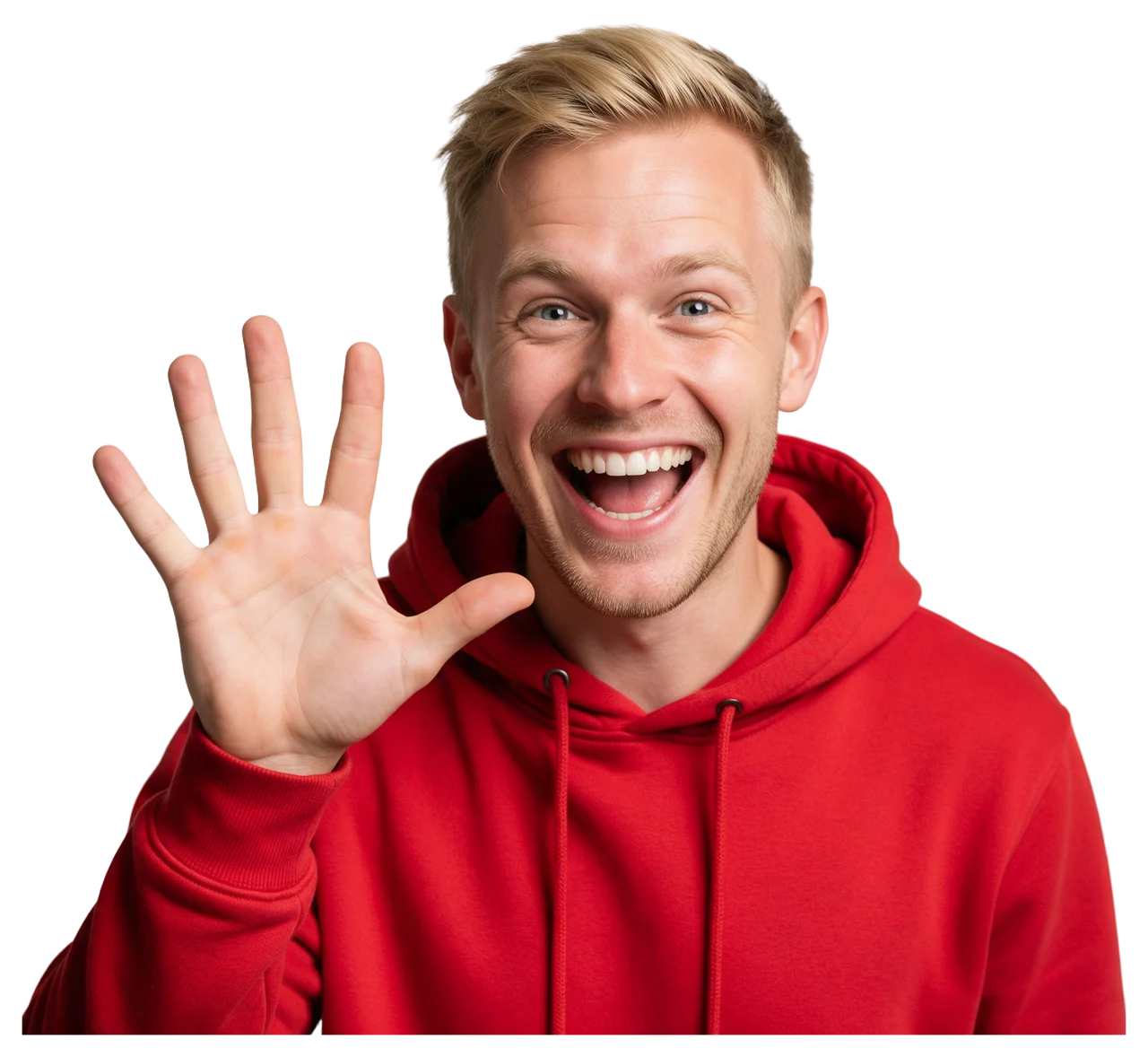 Waist-up shot of a smiling blond man in a red hoodie holding up an open hand to the camera