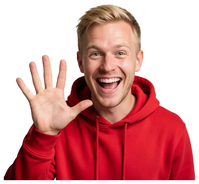 Waist-up shot of a smiling blond man in a red hoodie holding up an open hand to the camera