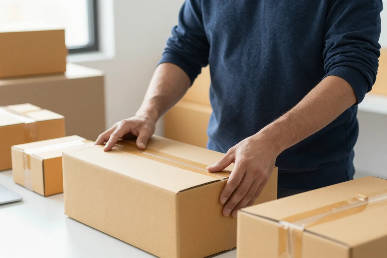 An adult e-commerce worker seals a cardboard shipping box on a bright workbench