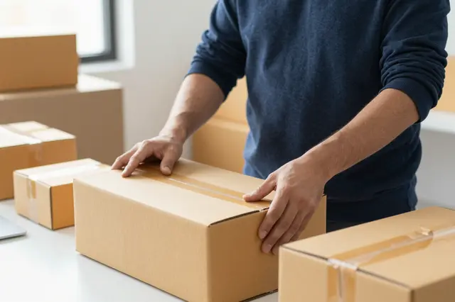 An adult e-commerce worker seals a cardboard shipping box on a bright workbench