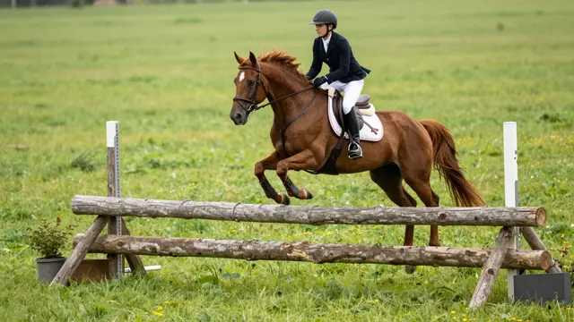 An adult equestrian rider jumps a chestnut horse over a log fence in a green grassy meadow.
