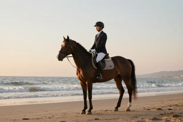 A horseback rider in formal equestrian gear sits atop a brown horse on a sandy beach at golden sunset.