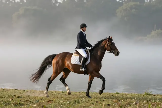 An equestrian rider on a bay horse canters along a grassy misty lakeshore at dawn
