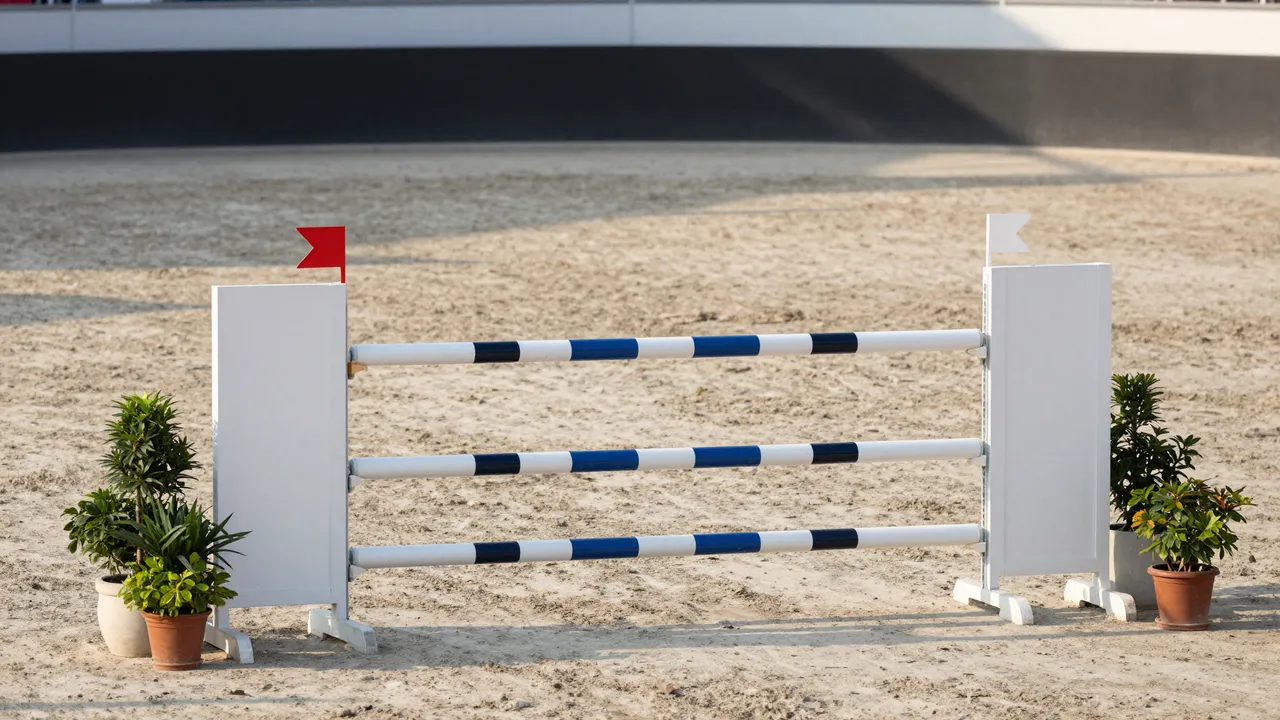An empty equestrian show jump stands in a sandy arena under soft dawn light with no people present
