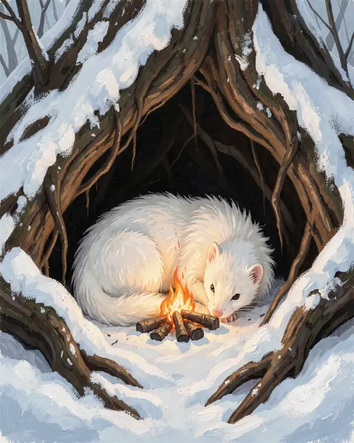 A white ermine curled beside a small glowing fire inside a snow-covered root den