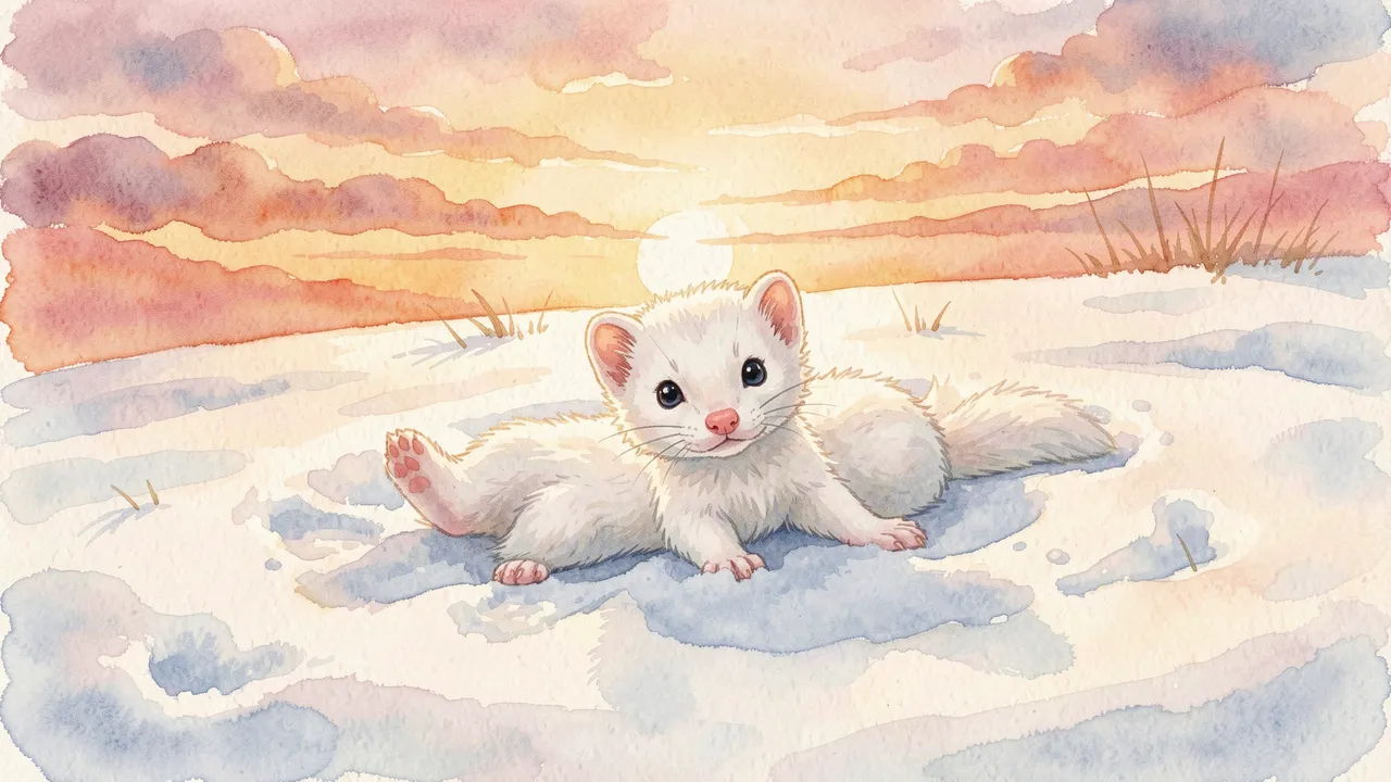 A cute white ermine rests in a snow drift beneath a soft watercolor sunrise sky