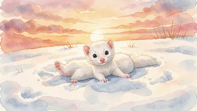 A cute white ermine rests in a snow drift beneath a soft watercolor sunrise sky