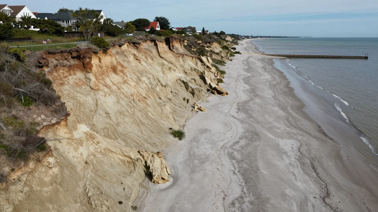 Aerial view of eroding clay coastal bluffs above a gray sandy beach with houses perched at the bluff edge