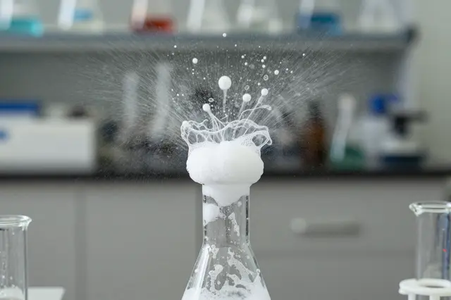 White foam erupts upward from an unmarked glass erlenmeyer flask on a lab bench