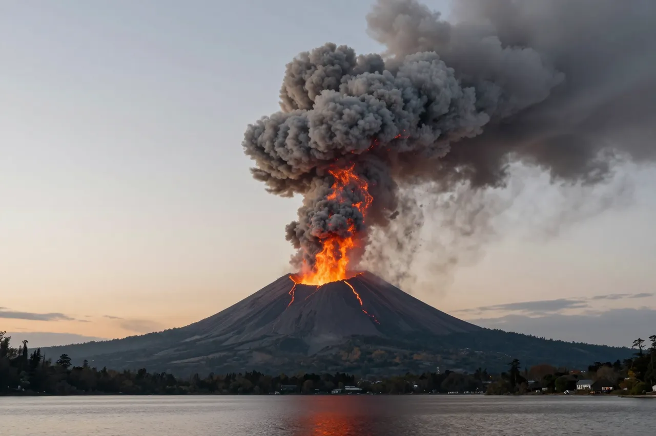 A volcano erupts a towering ash column above a calm lake at dawn