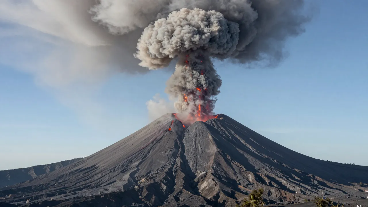 A conical volcano erupts, sending a massive mushroom ash plume and glowing lava against a clear blue sky.