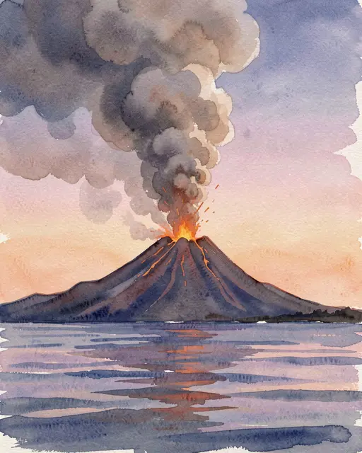 Watercolor painting of an erupting volcano rising from a calm sea under a pastel dusk sky