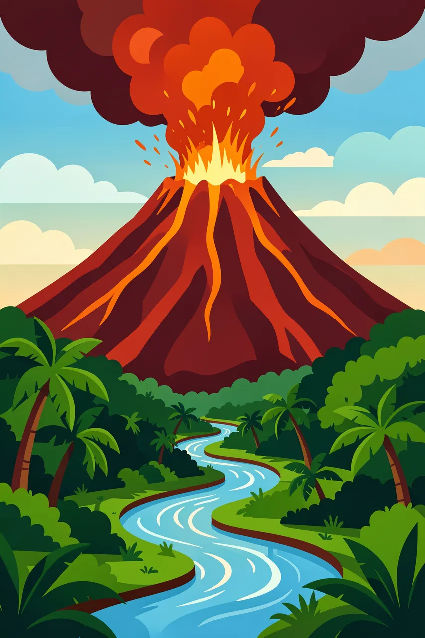 Retro flat illustration of an erupting volcano overlooking a winding river in a dense jungle valley