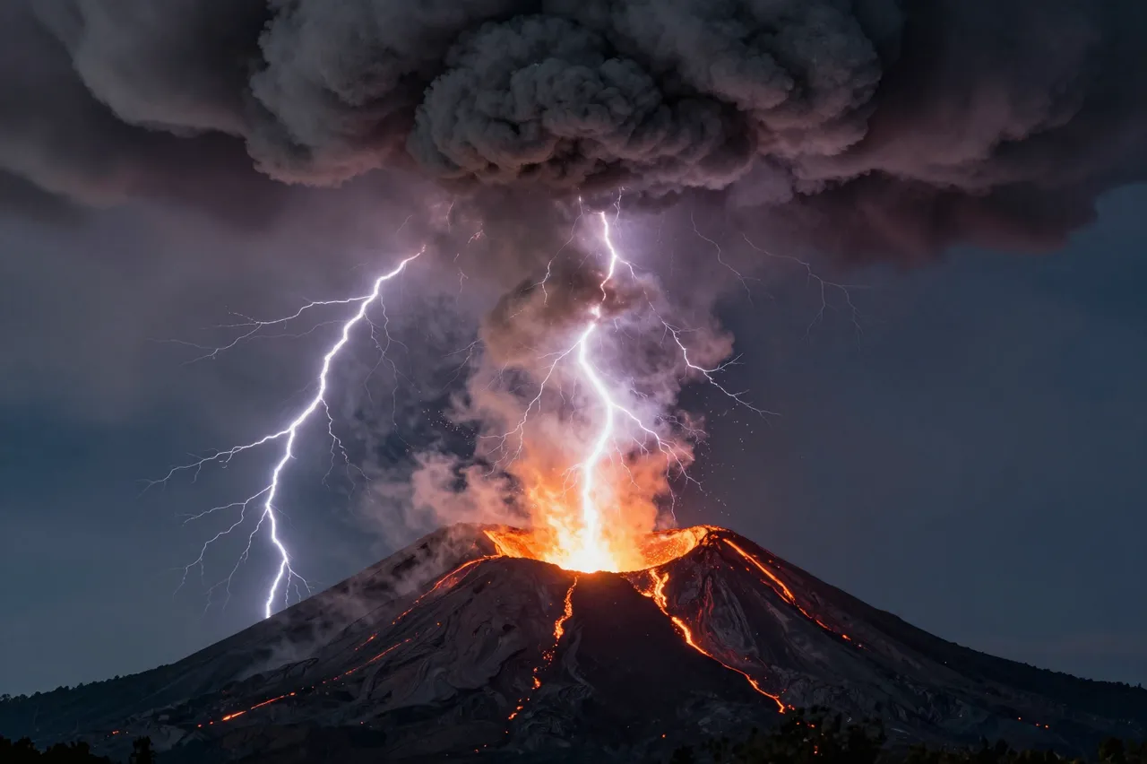 Bright volcanic lightning bolts strike through a dark ash plume above an erupting volcano at night