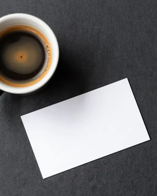 Top down view of a full espresso cup next to a blank white card on dark charcoal linen fabric.