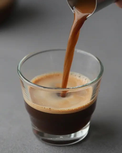Thick espresso streams from a metal pitcher into a small glass cup topped with crema.