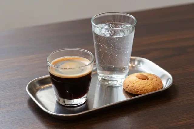 An espresso shot, sparkling water, and almond cookie rest on a small silver tray atop a dark wooden table.