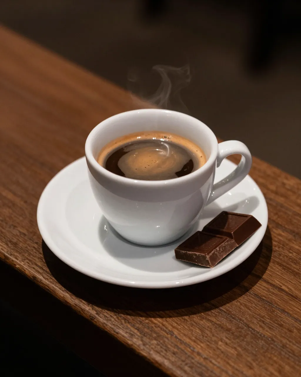 Steaming double espresso in a white cup with dark chocolate pieces on a saucer over a dark wooden bar