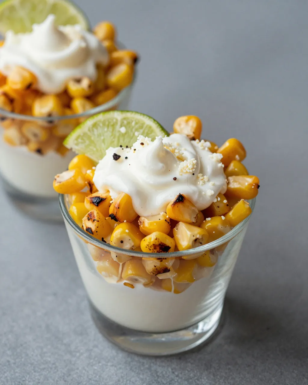 Two servings of esquites with charred corn, crema, lime and crumbled cheese in small glass cups on a gray surface