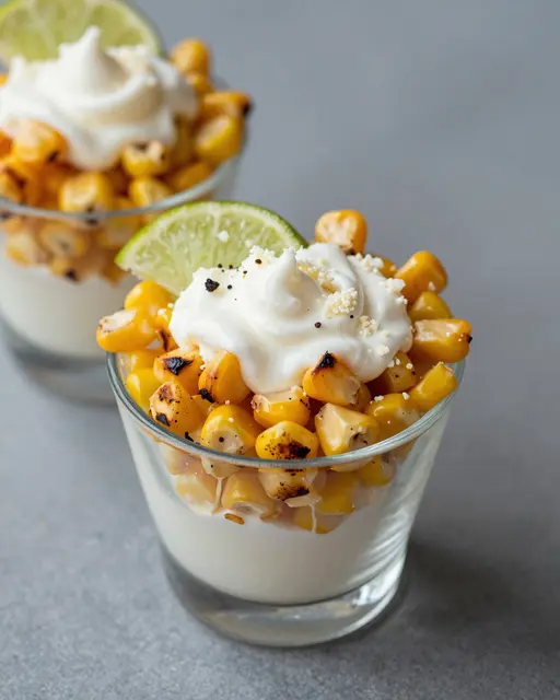 Two servings of esquites with charred corn, crema, lime and crumbled cheese in small glass cups on a gray surface
