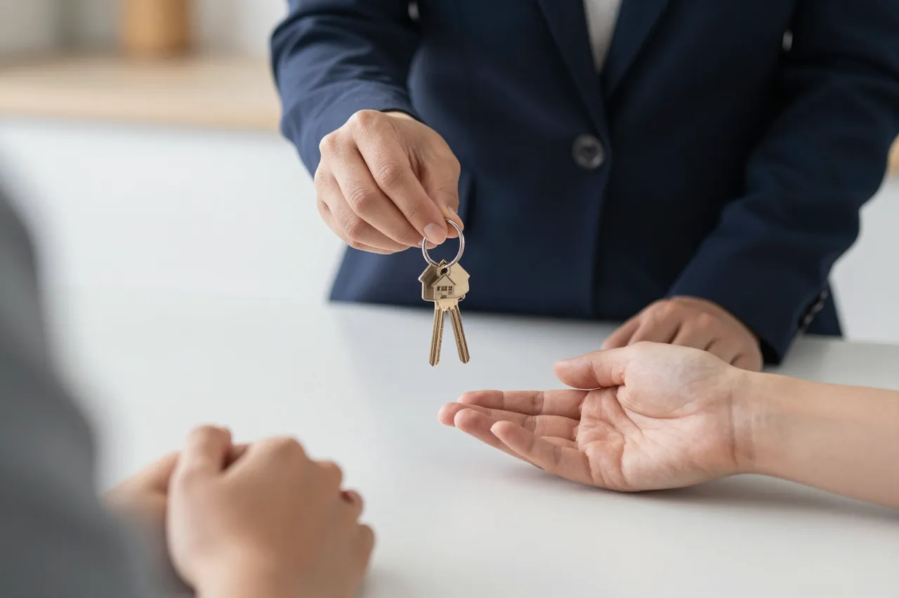 An estate agent extends house keys toward a waiting outstretched hand over a white table