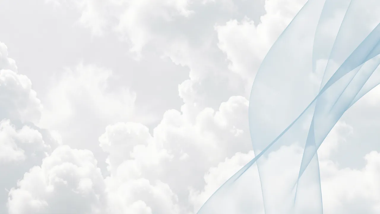 Fluffy white cloud sky with sheer pale blue flowing fabric shapes on the right, empty space on the left.