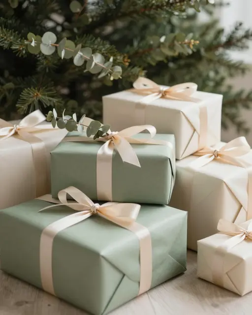 Wrapped sage and cream Christmas gifts with silk ribbons sit under a fir tree with eucalyptus accents in soft light
