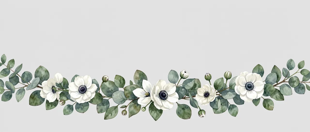 Watercolor garland of eucalyptus leaves and white anemones runs along the bottom of a pale gray background