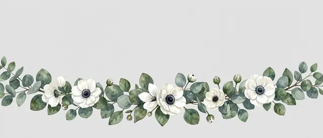 Watercolor garland of eucalyptus leaves and white anemones runs along the bottom of a pale gray background